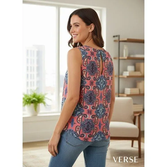 VERSE Sleeveless Coral Paisley Print Blouse With Split Neck Design Size M - Picture 4 of 14